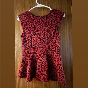Forever 21 Red Floral Peplum Blouse with Black Rose Pattern